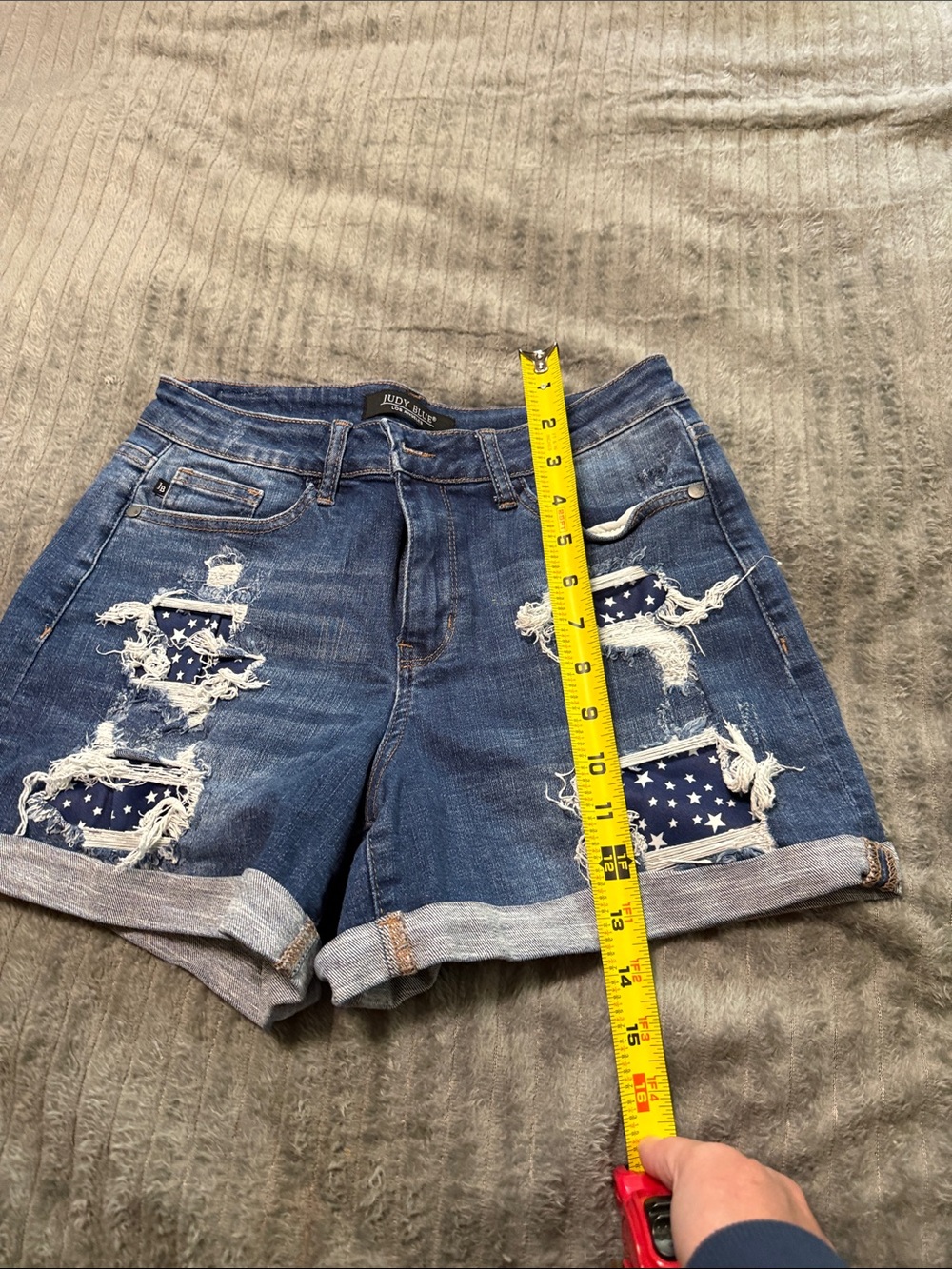 Judy Blue Star-Patch Distressed Rolled Hem Denim Shorts - Blue - Picture 3 of 7